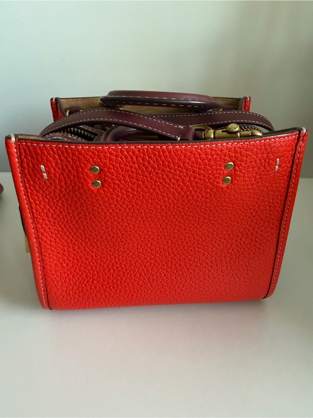 Coach Bright Red Pebbled Leather Satchel with Contrasting Handles
